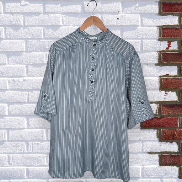 Vintage LEVI'S STRAUSS&CO T-Shirt Pinstripe Popover Roll Tab Sleeve Gray Relaxed - Picture 1 of 7